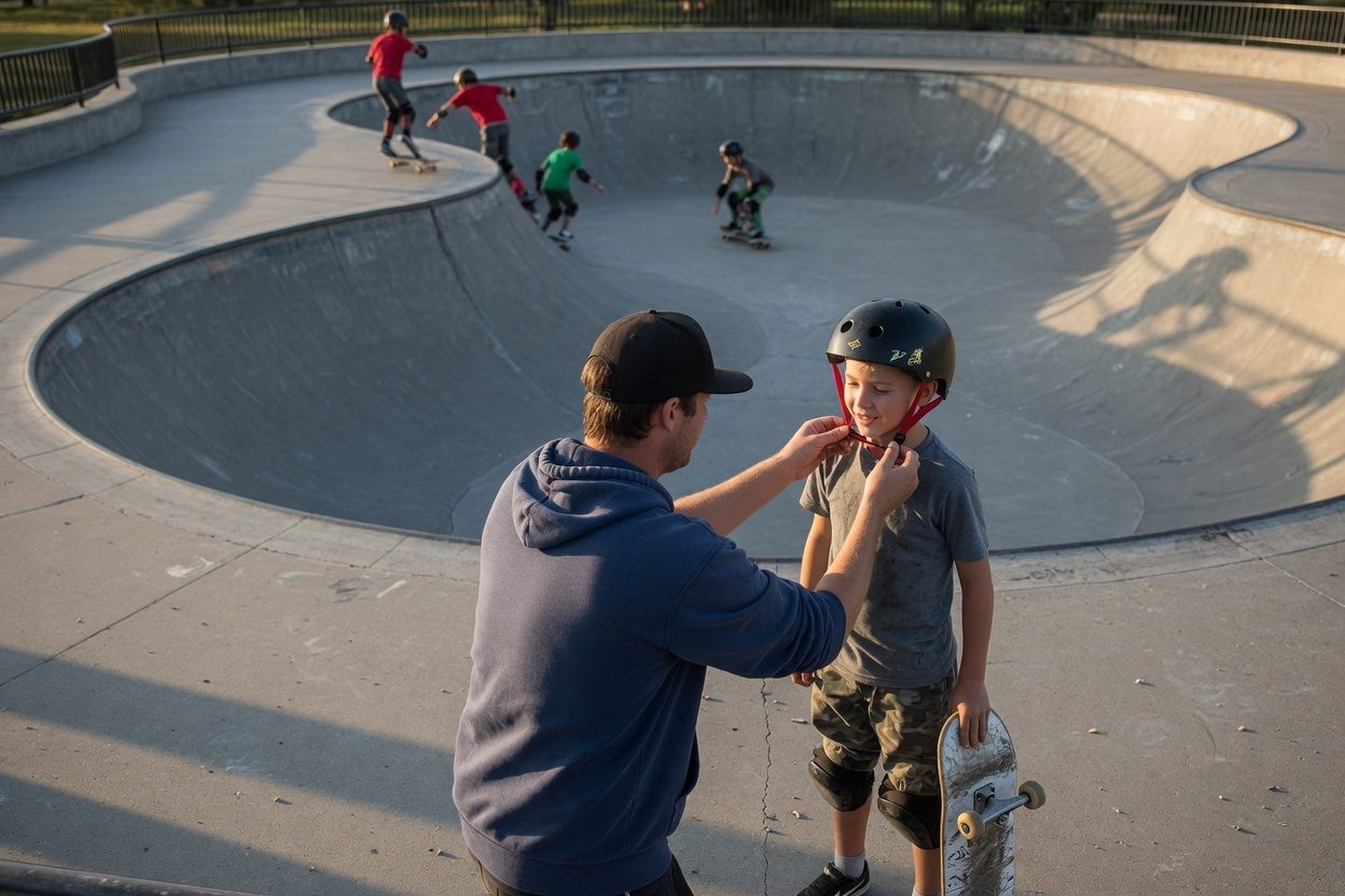 A coach fits a young skater's helmet beside the bowl