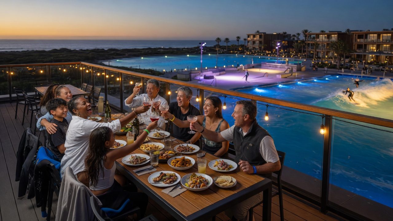 Rooftop dining celebration at dusk overlooking the lagoon and wave pool at an ASP destination