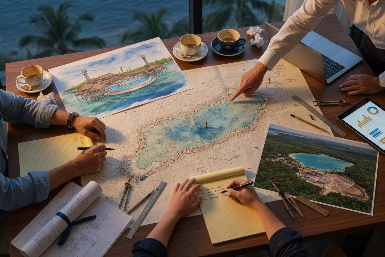 Feasibility working session — site plans, renderings, and aerial photography on the table