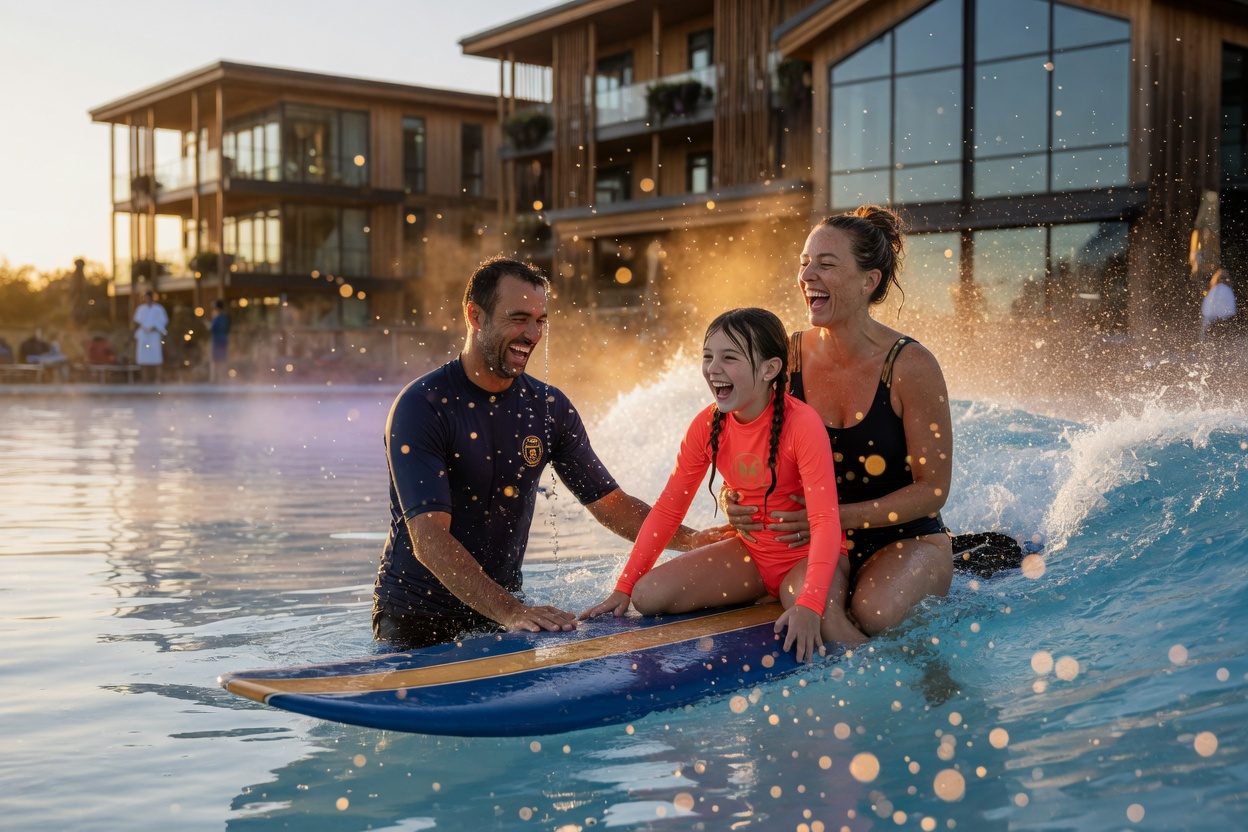 A mother and daughter ride their first wave with an instructor at sunrise