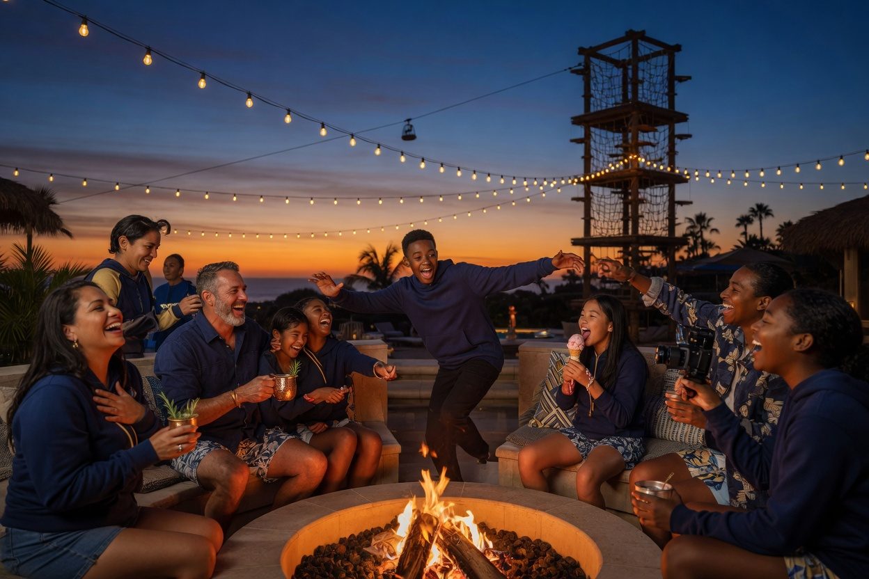 Family and friends celebrating around a fire pit at sunset
