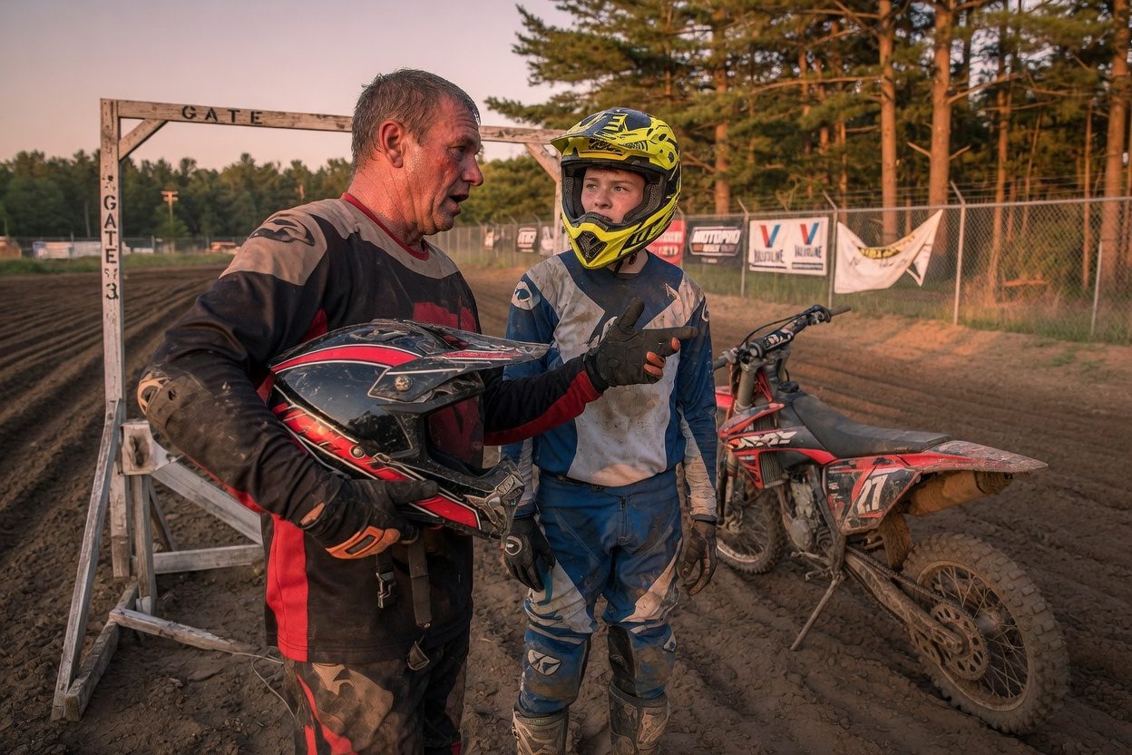 A mentor gives last advice to a young rider at the motocross start gate