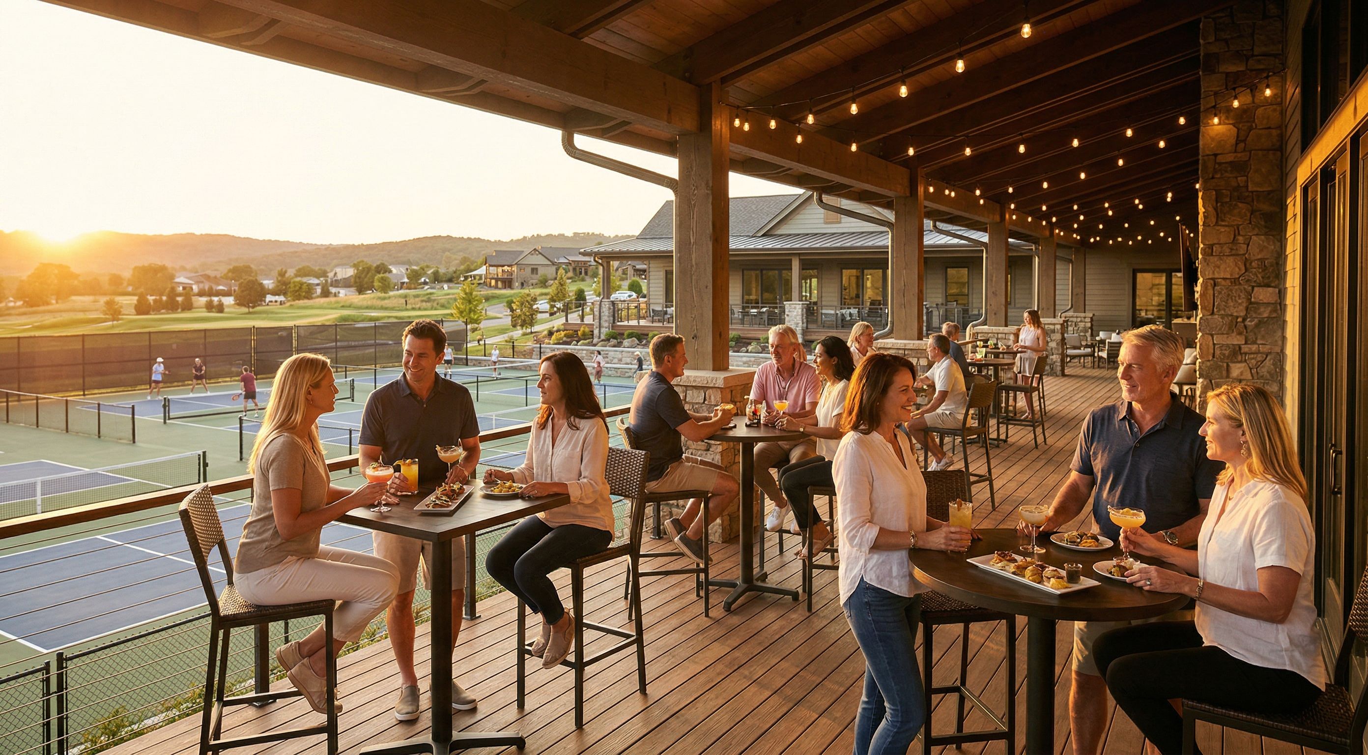 Upscale courtside lounge with guests socializing over food and drinks between pickleball matches