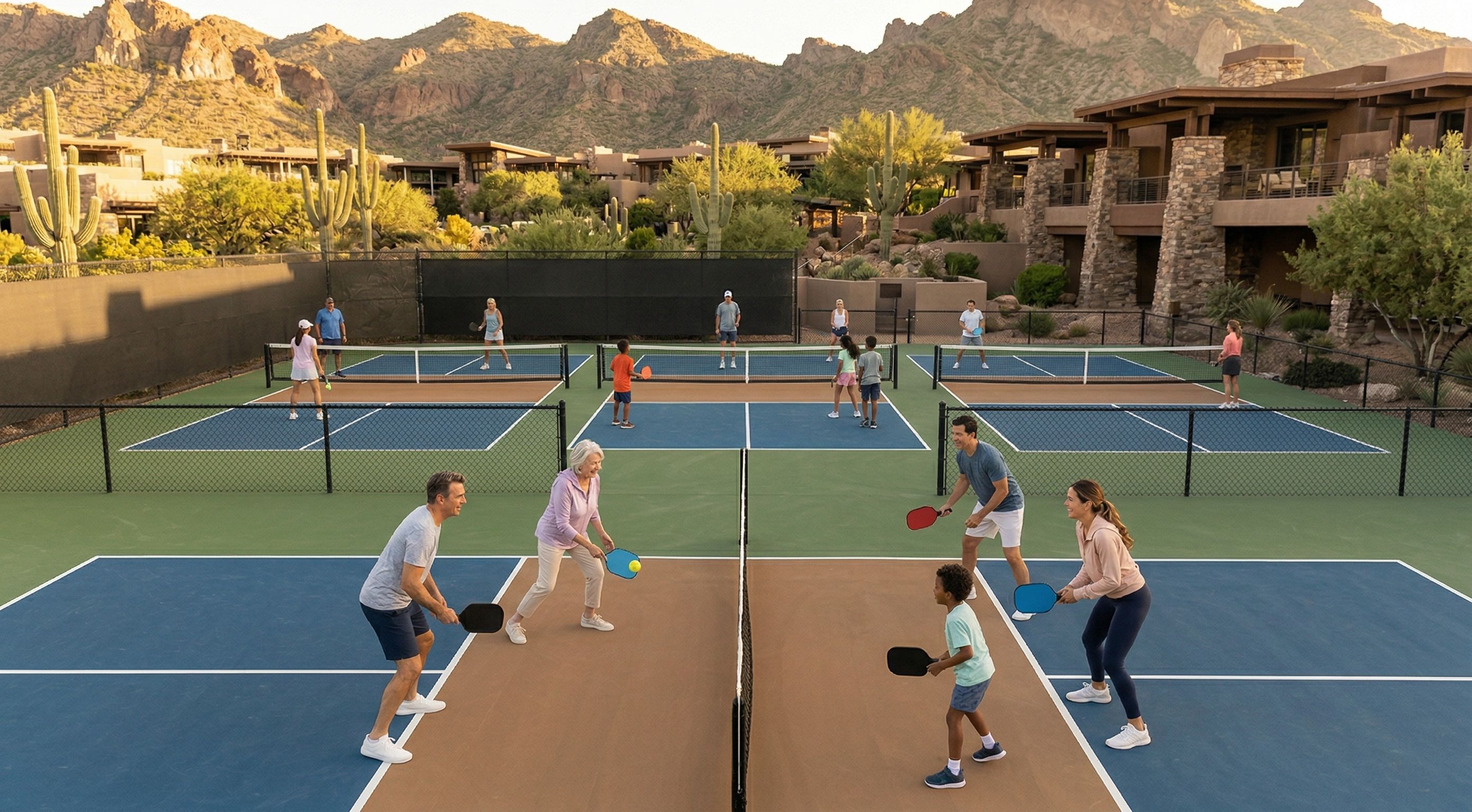 Multigenerational group playing pickleball on resort courts with mountain views