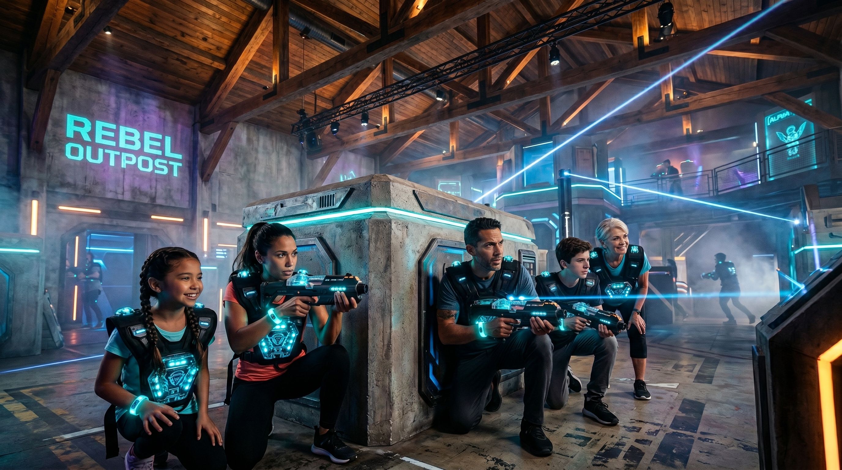 Next-generation laser tag arena bathed in neon light