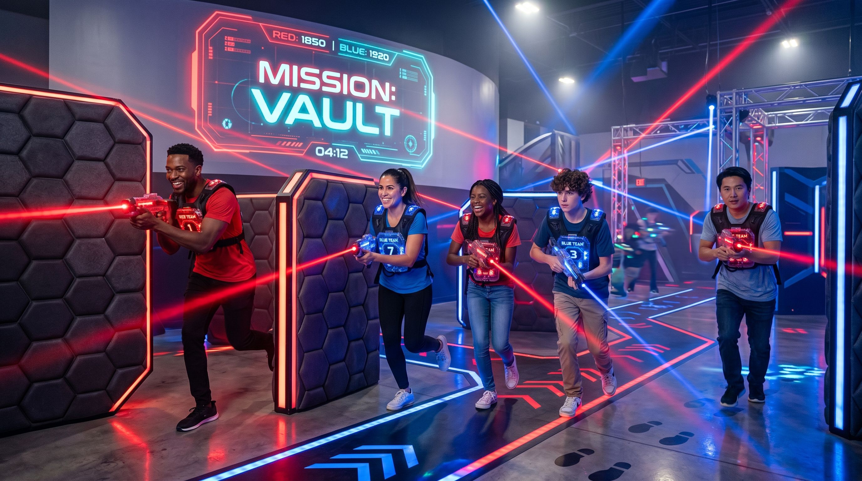 Diverse families playing in a premium laser tag arena with AR projections, RFID bracelets glowing, and themed bunker obstacles inside a resort entertainment wing