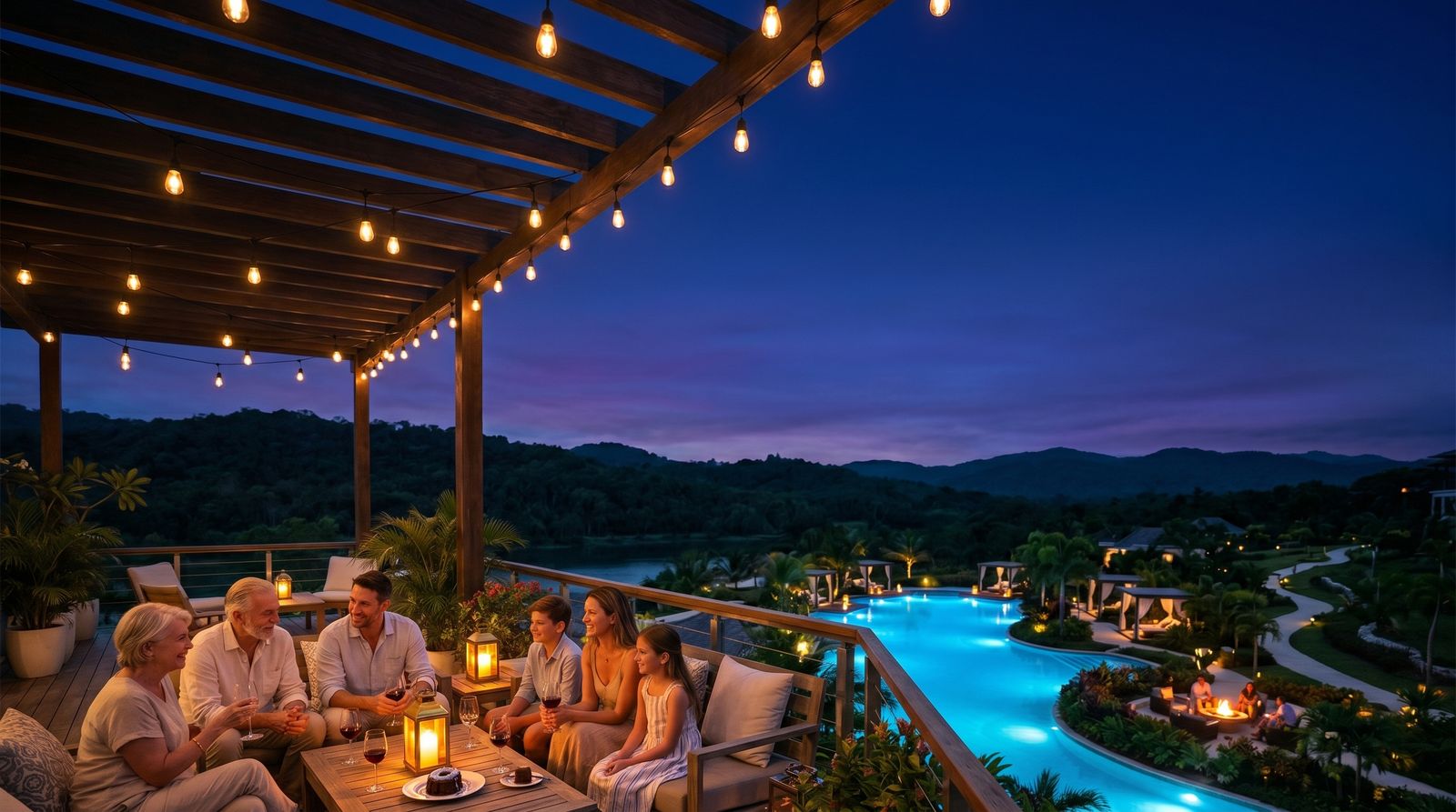 Resort at dusk with families gathered on the terrace as a drone light show rises over the lagoon