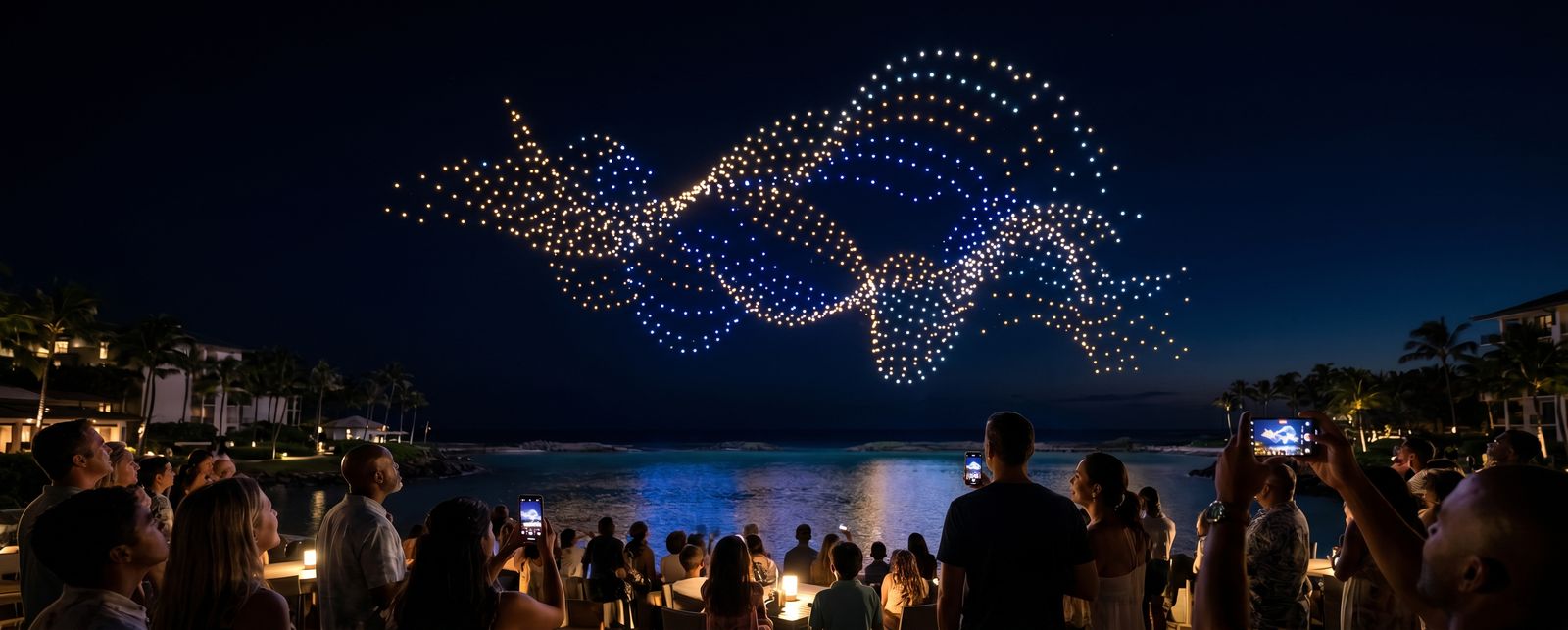 Evening sky drone light show forming a shape above a resort lagoon as families watch from the terrace