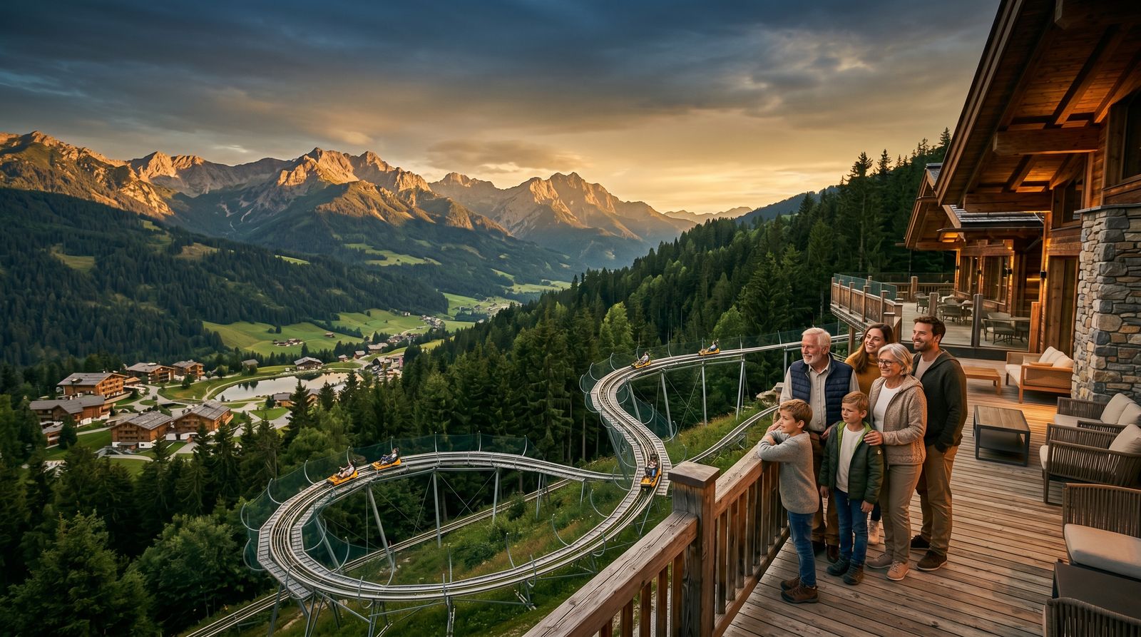 Mid-summer mountain resort at golden hour with a multigenerational family on the terrace and a mountain coaster winding through the treeline