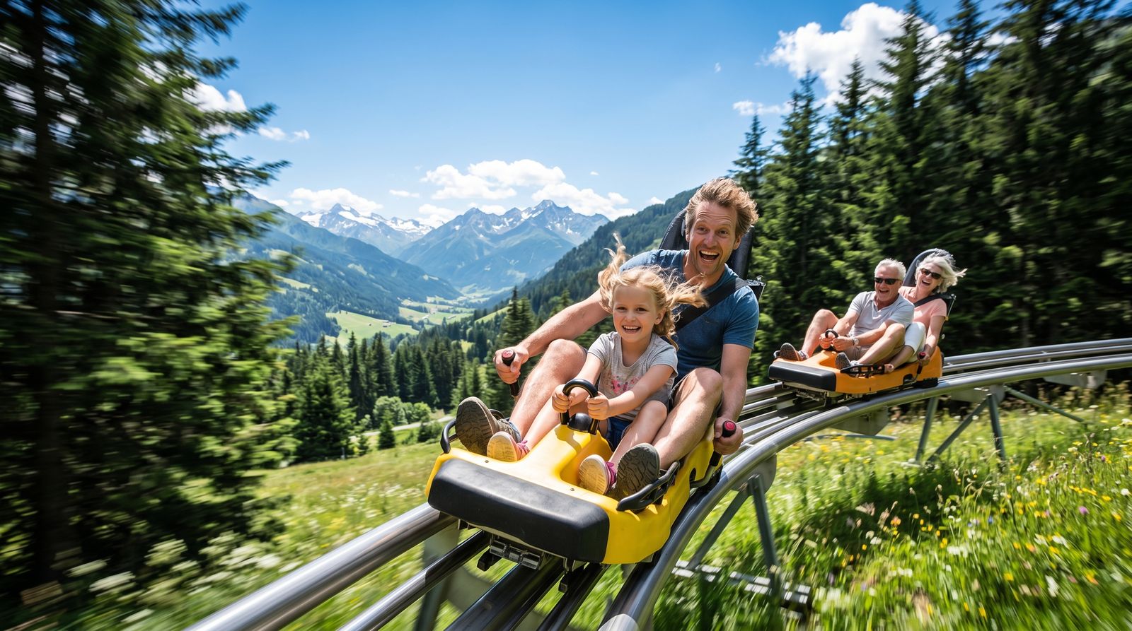 Multigenerational family riding a mountain coaster sled down an elevated track through alpine terrain