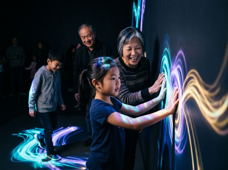 Children and grandparents interacting with an augmented-reality light installation