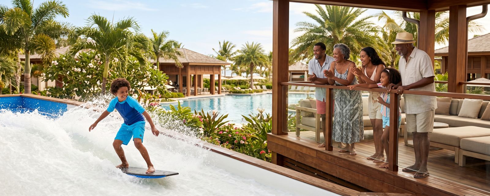 Family enjoying a resort standing-wave surf simulator