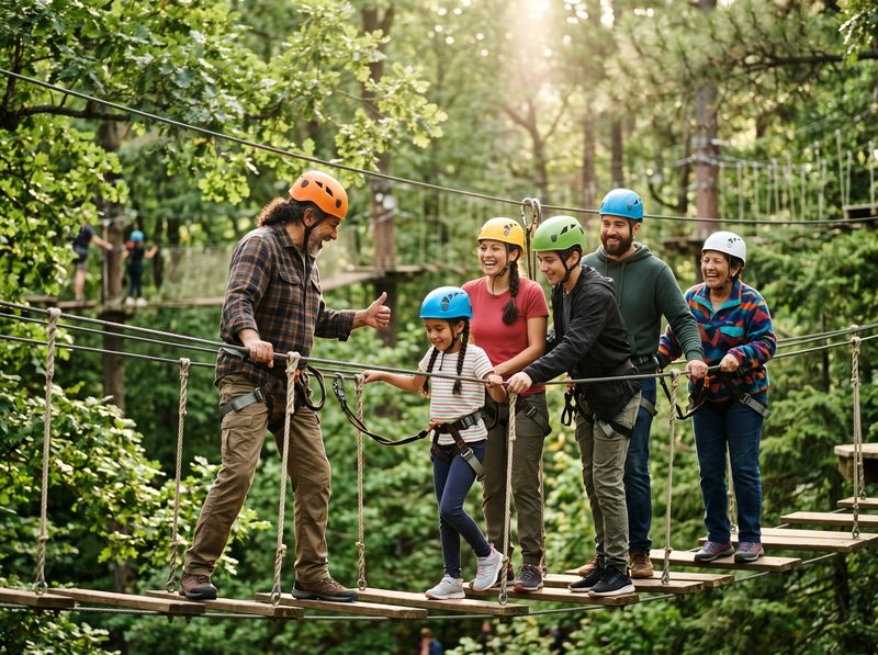 Multigenerational family on a treetop ropes course