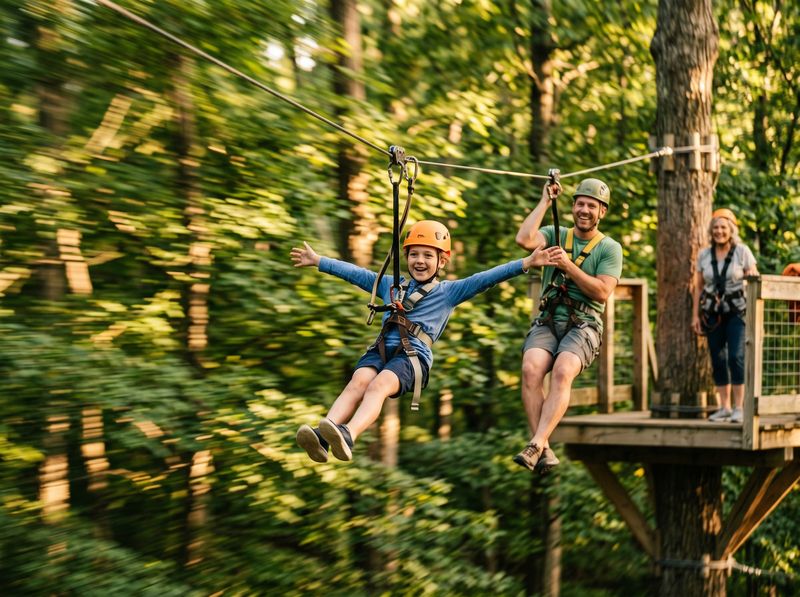 Families riding a forest canopy zip line